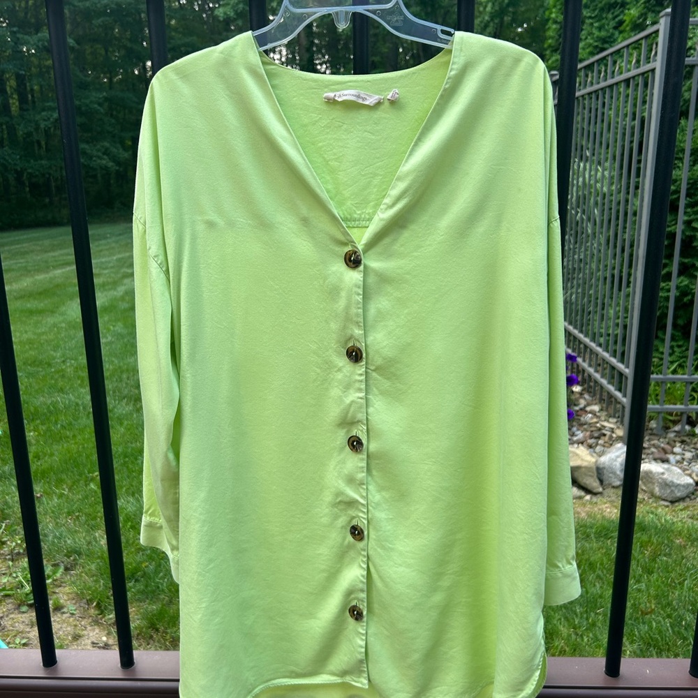 Light bright Green Button-Front Women's Tunic off the shoulder